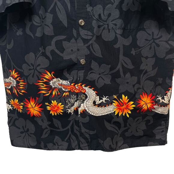 Hilo Hattie Black Floral Dragon Button Down Shirt Hawaiian Cotton Mens Size L - Picture 4 of 10